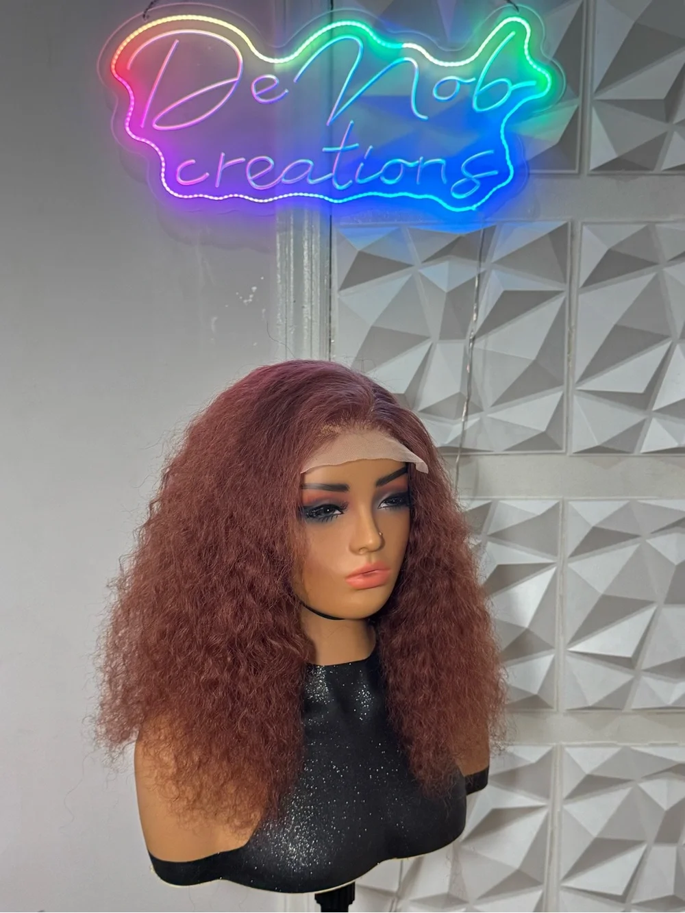 Curly Copper Wig 5x5 Lace Closure Glueless Wavy Hair Blend 14 Inches